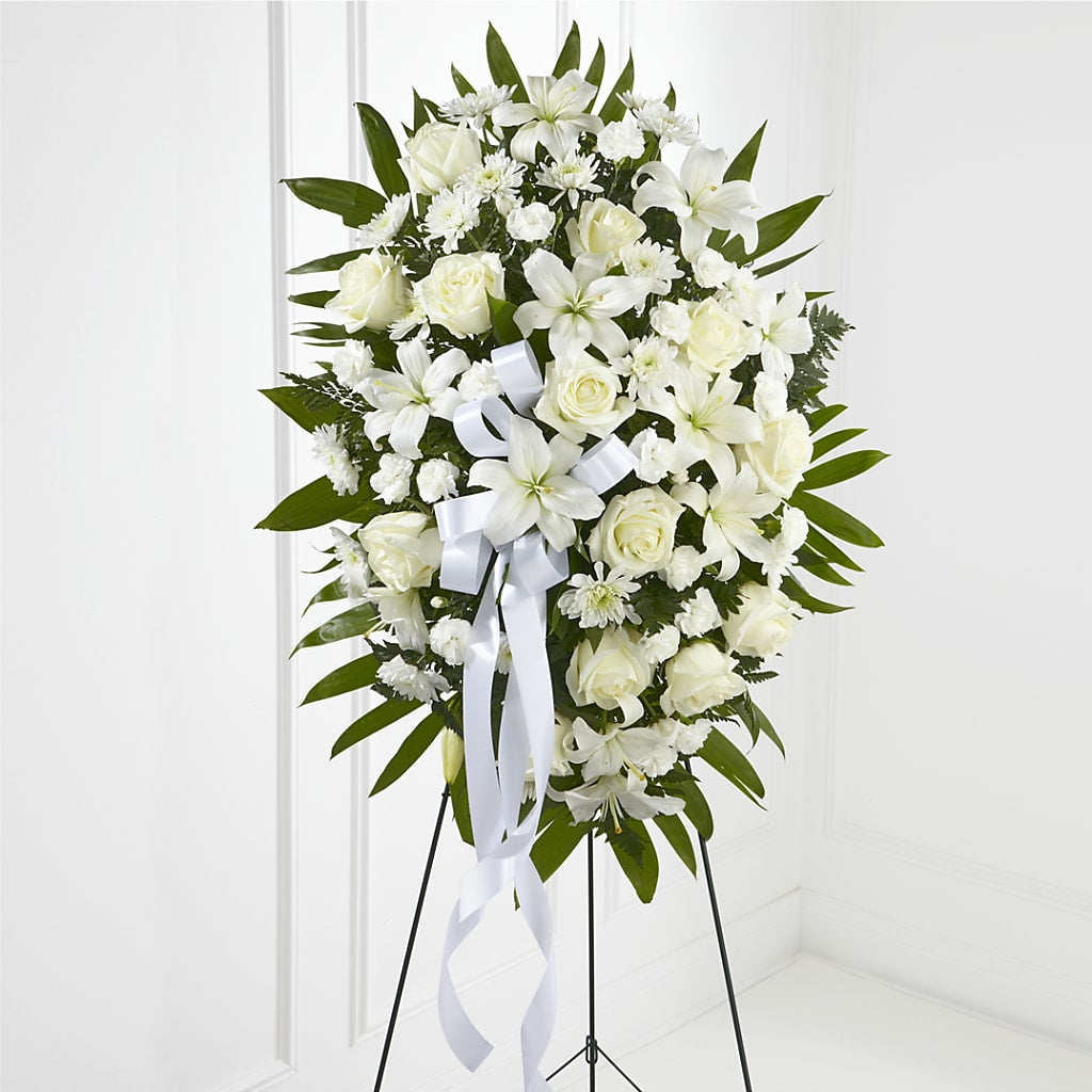 Exquisite Tribute Standing Spray-White Ribbon – Fox Run Florist, Pinellas Park FL